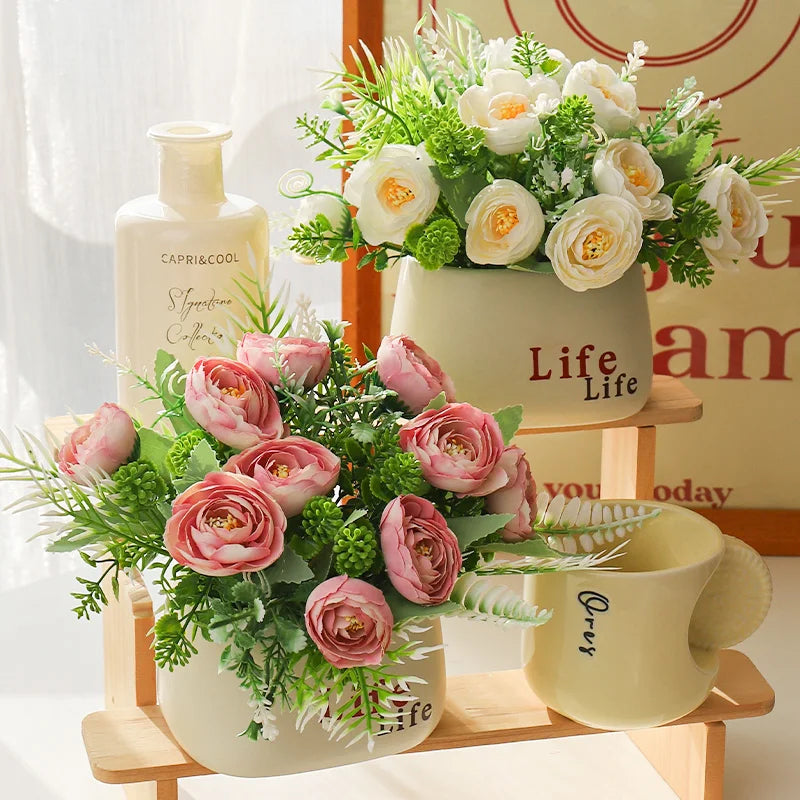 15cm Artificial Flowers Potted Plant – Fake Plastic Flower for Home & Wedding Decor