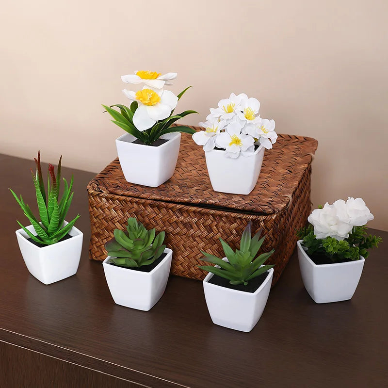 6PCS Mini Artificial Flower & Plant Bonsai Set – DIY Desktop Decor for Home & Office